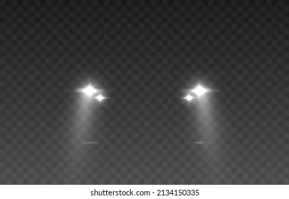 Vector light from the headlights PNG. Light from the headlights of a car on an isolated transparent background. Round headlights, white light PNG. Road lighting. PNG.