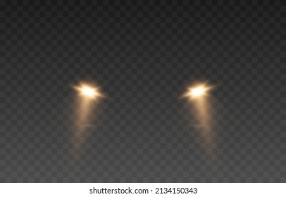 Vector light from the headlights PNG. Light from the headlights of a car on an isolated transparent background. Round headlights, yellow light PNG. Road lighting. PNG.