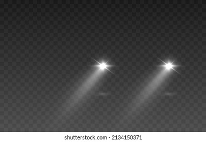 Vector light from the headlights PNG. Light from the headlights of a car on an isolated transparent background. Round headlights, white light PNG. Road lighting. PNG.