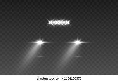 Vector light from the headlights PNG. Light from the headlights of a car on an isolated transparent background. Round headlights, white light PNG. Road lighting. PNG.