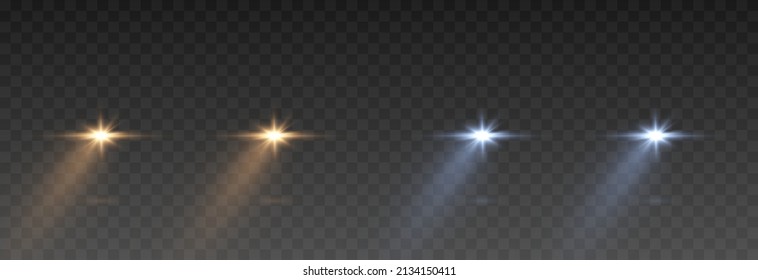 Vector light from headlights PNG. Light from car headlights on an isolated transparent background. Round headlights, gold and blue light PNG. Road lighting. PNG.