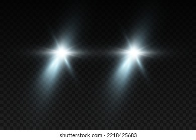 Vector light from the headlights PNG. Light from the headlights of a car on an isolated transparent background. Round headlights, yellow light PNG. Road lighting. PNG.