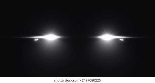 Vector light from the headlights PNG. Light from the headlights of a car on an isolated transparent background. Round headlights, yellow light PNG.