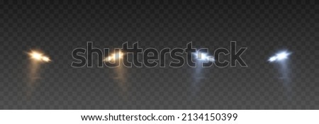 Vector light from headlights PNG. Light from car headlights on an isolated transparent background. Round headlights, gold and blue light PNG. Road lighting. PNG.