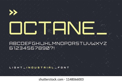 Vector light industrial style display font, modern blocky typeface, futuristic uppercase letters and numbers, alphabet. Global swatches.