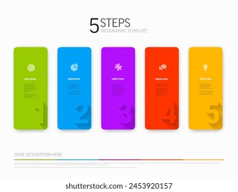 Plantilla Infográfica de luz de Vector con tarjetas de colores redondeadas en una fila con grandes números, títulos y descripciones. Plantilla de pasos de línea de tiempo simple y minimalista