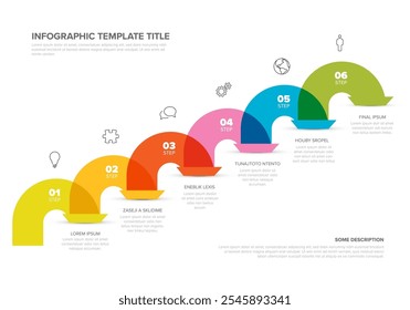 Plantilla de infografía con saltos de color redondeados en línea diagonal con Vectores de números, títulos y descripciones. Plantilla de pasos minimalista simple con arcos de color.