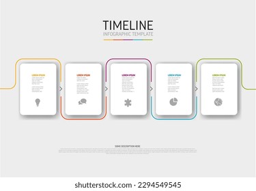 Luz vectorial Plantilla Infográfica con tarjetas blancas redondeadas y fichas, años, iconos y descripciones coloridas. Plantilla simple de línea de tiempo mínima