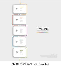 Vector light Plantilla Infográfica con tarjetas redondeadas blancas en una columna con títulos y descripciones de iconos. Plantilla simple de pasos de línea de tiempo mínima