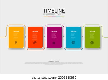 Luz vectorial Plantilla Infográfica con tarjetas de color redondeadas blancas con borde claro en una fila con títulos y descripciones de iconos. Plantilla simple de pasos de línea de tiempo mínima