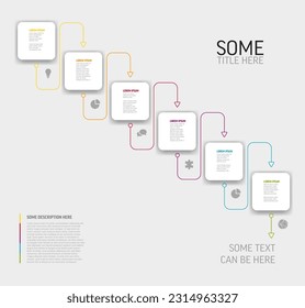 Luz vectorial Plantilla Infográfica con tarjetas cuadradas redondeadas blancas en orden diagonal con títulos y descripciones de iconos. Plantilla simple de pasos de línea de tiempo minimalista con líneas de color