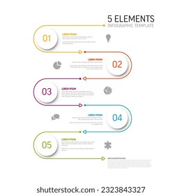 Vector light Plantilla Infográfica con tarjetas de paso, iconos y descripciones de círculo blanco. Plantilla simple de gráfico de información minimalista multipropósito con cinco elementos de paso y línea de borde de color