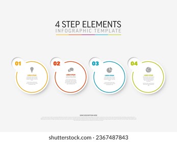 Vector light Plantilla Infográfica con tarjetas de paso, iconos y descripciones de círculo blanco. Plantilla simple de gráfico de información minimalista multipropósito con cuatro elementos de paso y línea de borde de color