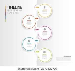 Vector light Plantilla de infografía con tarjetas de paso, iconos y descripciones de la línea de tiempo del círculo blanco. Plantilla simple de gráfico de información minimalista multipropósito con cinco elementos de paso y línea de borde de color