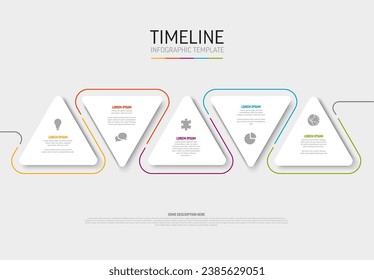 Luz vectorial Plantilla Infográfica con tarjetas triangulares redondeadas blancas y líneas, iconos y descripciones coloridas. Plantilla infográfica simple de líneas de tiempo minimalista