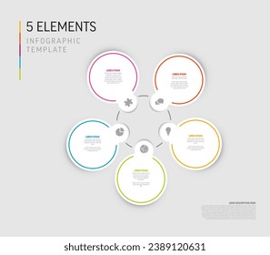 Plantilla Infográfica de luz vectorial con tarjetas de círculo blanco, iconos y descripciones. Plantilla simple de gráfico de información minimalista multipropósito con cinco elementos de paso y línea de borde de color