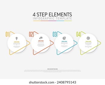 Vector light Infographic template with white circle step cards, icons and descriptions Simple minimalistic multipurpose infochart template with four step elements and color border triangle arrow  line