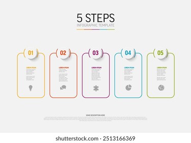 Plantilla de infografía con tarjetas redondeadas blancas, borde colorido y grandes números en Elementos, íconos y descripciones de Vectores. Simple minimalista 5 pasos Plantilla