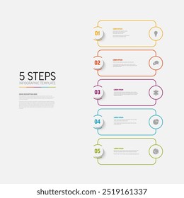 Plantilla de infografía con tarjetas redondeadas blancas, borde colorido y grandes números en Elementos, íconos y descripciones de Vectores. Simple minimalista 5 pasos Vertical Plantilla