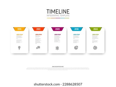 Vector light Infographic timeline template with white rounded cards and colorful tabs, years, icons and descriptions. Simple minimalistic time line template