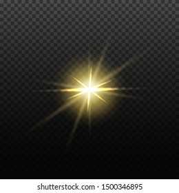 Vector light lens flare effect. Bright golden highlight. Space star explosion. Decorative magic Christmas element.