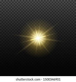 Vector light lens flare effect. Bright golden highlight. Space star explosion. Decorative magic Christmas element.