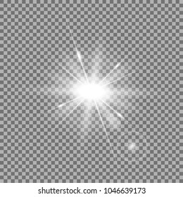 Vector light lens flare, rays of light with glare on transparent background, light effect, white color