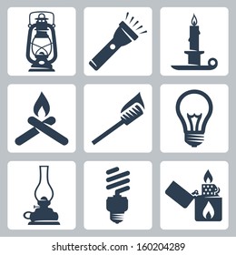 Vector light and lighting appliances icons set: lantern, flashlight, candle, bonfire, torch, bulb, hurricane lamp, energy saving bulb, lighter