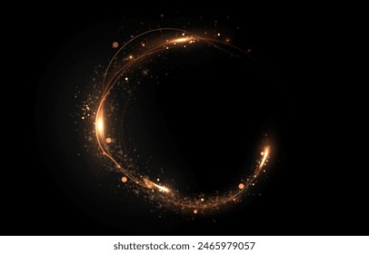 Vector efecto de línea de luz de círculo dorado. Luminoso rastro de fuego sobre un fondo transparente. Línea redonda ligera con un efecto de ventaja. Polvo dorado círculo luz png.