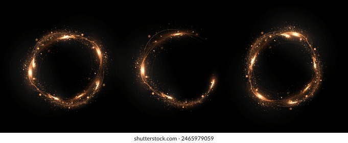 Vector efecto de línea de luz de círculo dorado. Luminoso rastro de fuego sobre un fondo transparente. Línea redonda ligera con un efecto de ventaja. Polvo dorado círculo luz png.