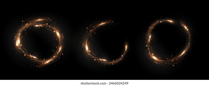 Vector light line effect of golden circle. Luminous fire trail on a transparent background. Light round line with an advantage effect. Golden dust circle light png.