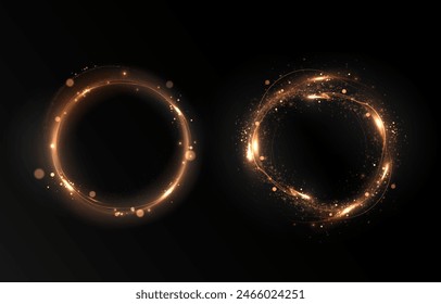 Vector light line effect of golden circle. Luminous fire trail on a transparent background. Light round line with an advantage effect. Golden dust circle light png.