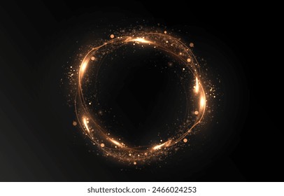 Vector light line effect of golden circle. Luminous fire trail on a transparent background. Light round line with an advantage effect. Golden dust circle light png.