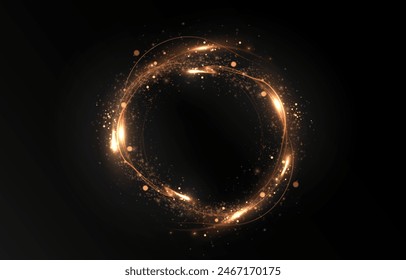 Vector light line effect of golden circle. Luminous fire trail on a transparent background. Light round line with an advantage effect. Golden dust circle light png.	
