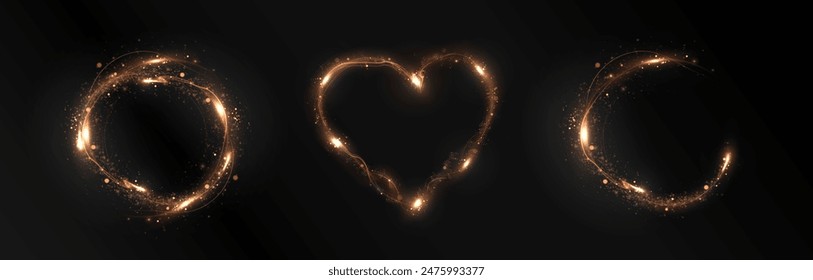 Vector light line effect of golden circle. Luminous fire trail on a transparent background. Light round line with an advantage effect. Golden dust circle light png.	
