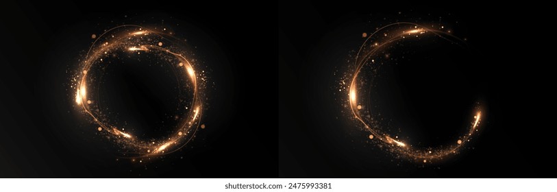 Vector light line effect of golden circle. Luminous fire trail on a transparent background. Light round line with an advantage effect. Golden dust circle light png.	
