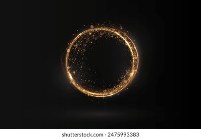 Vector light line effect of golden circle. Luminous fire trail on a transparent background. Light round line with an advantage effect. Golden dust circle light png.	
