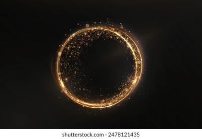 Vektorgrafik heller Linieneffekt des goldenen Kreises. Leuchtende Feuerspur auf einem transparenten Hintergrund. Leichte runde Linie mit Vorteilseffekt. Golden Dust Circle Licht Ping.	
