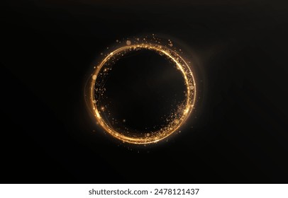 Vector light line effect of golden circle. Luminous fire trail on a transparent background. Light round line with an advantage effect. Golden dust circle light png.	
