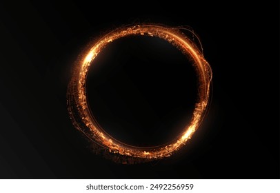 Vector light line effect of golden circle. Luminous fire trail on a transparent background. Light round line with an advantage effect. Golden dust circle light png.	