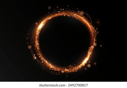 Vector light line effect of golden circle. Luminous fire trail on a transparent background. Light round line with an advantage effect. Golden dust circle light png.	
