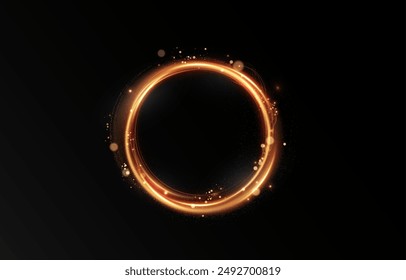 Vector light line effect of golden circle. Luminous fire trail on a transparent background. Light round line with an advantage effect. Golden dust circle light png.	
