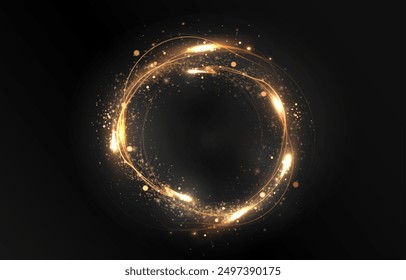 Vector light line effect of golden circle. Luminous fire trail on a transparent background. Light round line with an advantage effect. Golden dust circle light png.	
