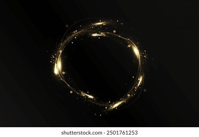 Vector light line effect of golden circle. Luminous fire trail on a transparent background. Light round line with an advantage effect. Golden dust circle light png.	