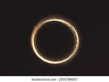 Vector light line effect of golden circle. Luminous fire trail on a transparent background. Light round line with an advantage effect. Golden dust circle light png.