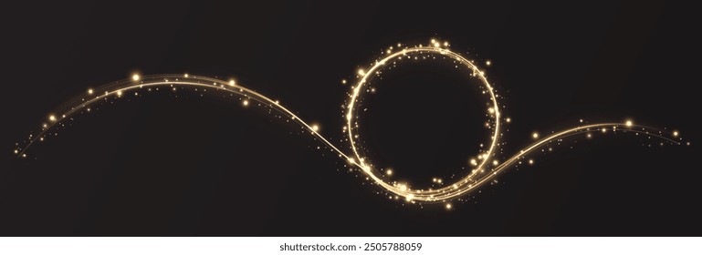 Vector light line effect of golden circle. Luminous fire trail on a transparent background. Light round line with an advantage effect. Golden dust circle light png.