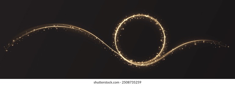 Vector light line effect of golden circle. Luminous fire trail on a transparent background. Light round line with an advantage effect. Golden dust circle light png.