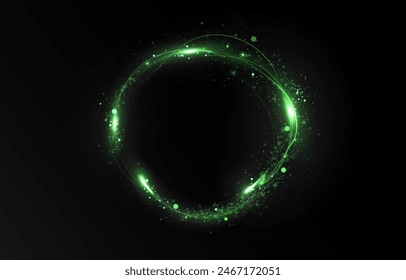 Vector efecto de línea de luz de círculo verde. Luminoso rastro de fuego sobre un fondo transparente. Línea redonda ligera con un efecto de ventaja. Polvo verde círculo luz png.