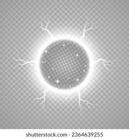 Vector light magic ring with lightning and sparks isolated on transparent background.