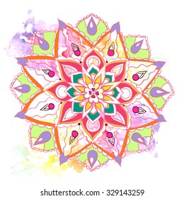 Vector light mandala on watercolor rainbow background